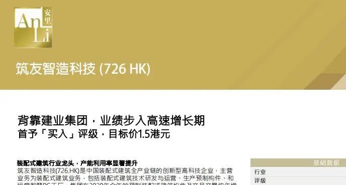 【财經網】安裡證券預期築友集團上市闆塊2021年營收可望翻倍 首予買入評級，目标價1.5港元